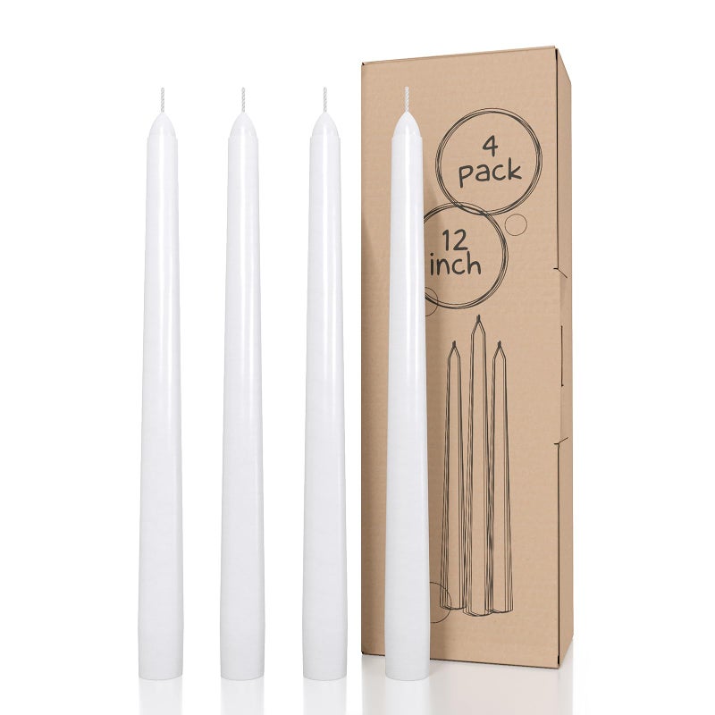 CANDWAX White Taper Candles 12 inch Dripless - Set of 4 Tapered Candles Ideal for Dinner - Smokeless and Unscented Candlesticks - Image 1